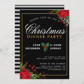 クラシックポインセチアフローラクリスマスディナーパーティー 招待状 (正面/裏面)
