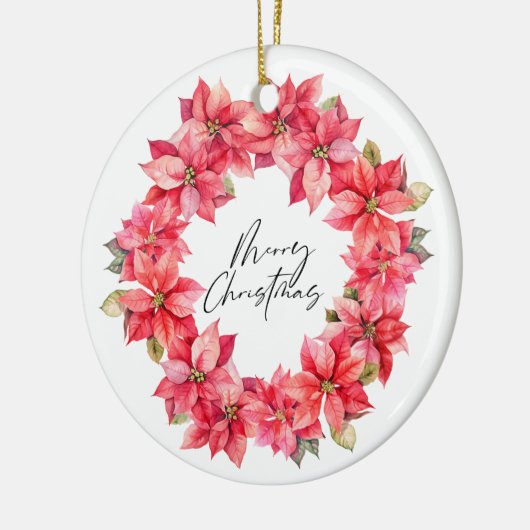 クラシックポインセチア果実とクリスマスリース セラミックオーナメント (左)