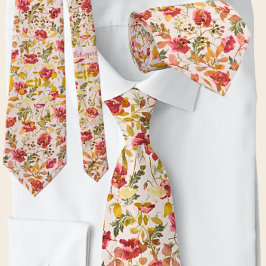 クラシックポピーピンク&オリーブ芽フローラルパターン ネクタイ