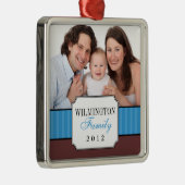 クラシックポートレートブルーストライプバンドのクリスマス写真 メタルオーナメント (右)