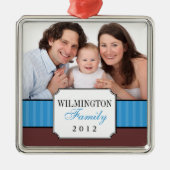 クラシックポートレートブルーストライプバンドのクリスマス写真 メタルオーナメント (正面)