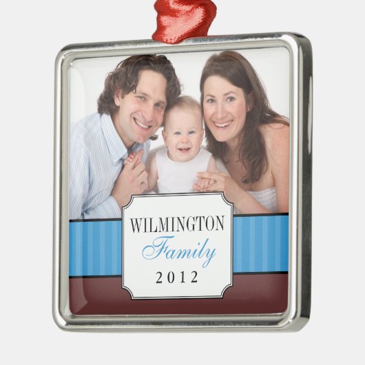 クラシックポートレートブルーストライプバンドのクリスマス写真 メタルオーナメント (左)
