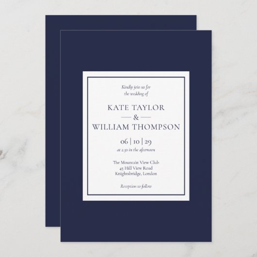 クラシックミニマモダンリストのネイビーブルー結婚ズ 招待状 (正面/裏面)