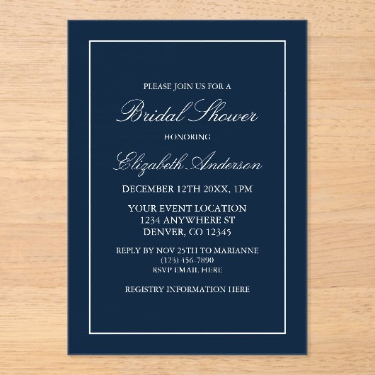 クラシックミニマリストネイビーブルーブライダルシャワー アクリル招待状 (正面)