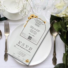 クラシックミニマルひまわりアーチグリーンQRコード オールインワン招待状