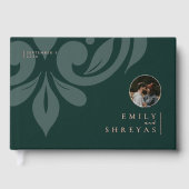 クラシックミニマルダマスクフタログリーン結婚写真 ゲストブック (正面)