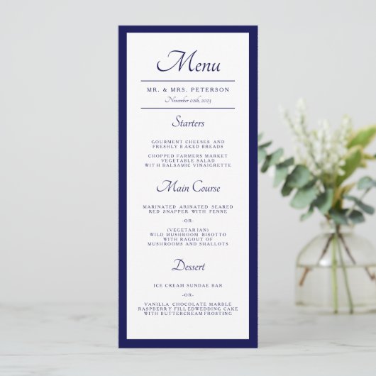 クラシックミニマルネイビーブルー結婚のディナー メニュー (スタンド正面)
