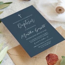 クラシックミニマルホワイトブルーガールバプテスマ 招待状