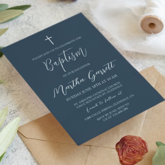 クラシックミニマルホワイトブルーガールバプテスマ 招待状
