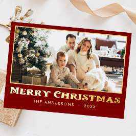 クラシックミニマル家族の写真クリスマスレッド 箔シーズンカード