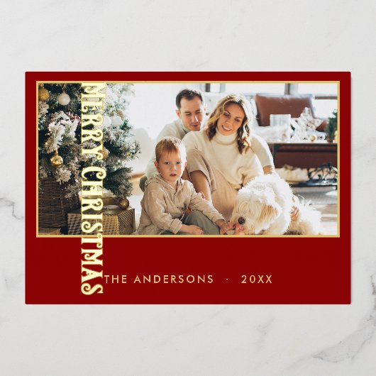 クラシックミニマル家族の写真クリスマスレッド 箔シーズンカード (正面)