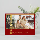 クラシックミニマル家族の写真クリスマスレッド 箔シーズンカード (立ち正面)