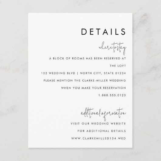 クラシックミニマル黒白結婚詳細 エンクロージャーカード (正面)