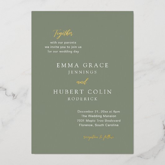 クラシックミュートグリーンエレガントな結婚式 箔招待状 (正面)