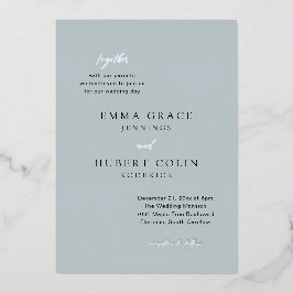 クラシックミュートブルーエレガントな結婚式 箔招待状