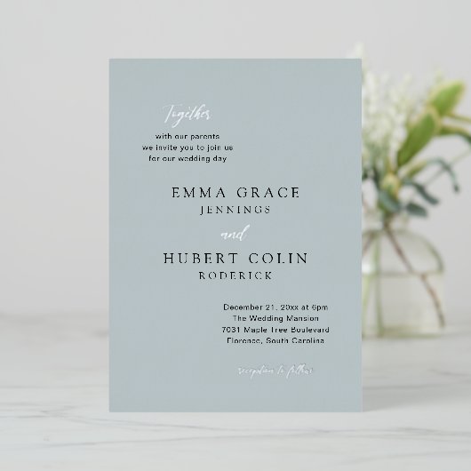 クラシックミュートブルーエレガントな結婚式 箔招待状 (立ち正面)