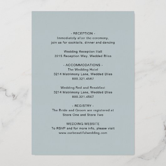 クラシックミュートブルーエレガントな結婚式 箔招待状 (裏面)