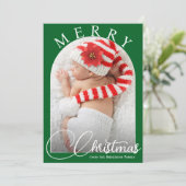 クラシックメリークリスマスグリーン&ホワイトファミリーフォト シーズンカード (スタンド正面)