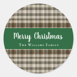 クラシックメリークリスマスプレイドグリーンホワイト ラウンドシール