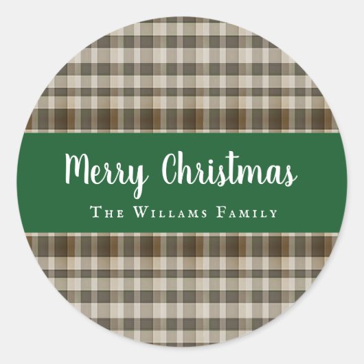 クラシックメリークリスマスプレイドグリーンホワイト ラウンドシール (正面)