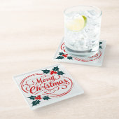 クラシックメリークリスマスホリーベリーホリデーアート ガラスコースター (アングル)