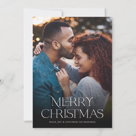 クラシックメリークリスマス文字フローラバック |写真 シーズンカード (正面)