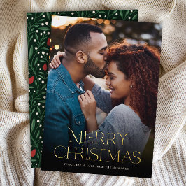 クラシックメリークリスマス文字フローラバック |写真 箔シーズンカード