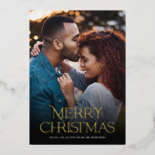 クラシックメリークリスマス文字フローラバック |写真 箔シーズンカード (正面)