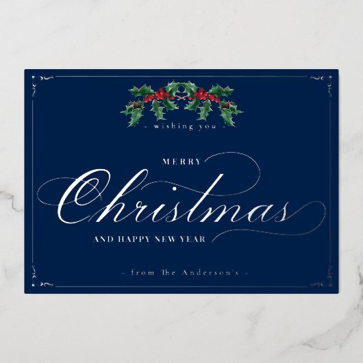 クラシックメリークリスマス新年ブルーシルバー 箔シーズンカード (正面)