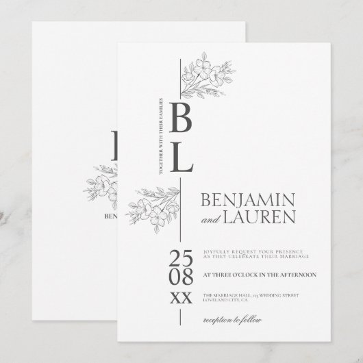 クラシックモダンエレガントフローラ結婚ホワイト 招待状 (正面/裏面)