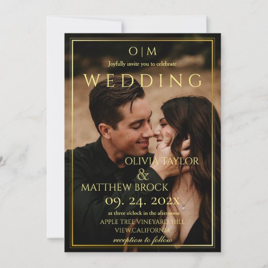 クラシックモダンエレガント金ゴールド結婚写真 招待状 (正面)