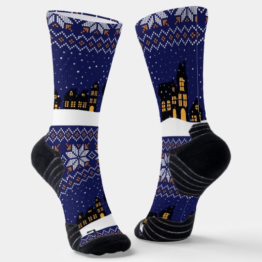 クラシックモダンオーナメントクリスマス模様ネイビー ソックス (傾斜あり)