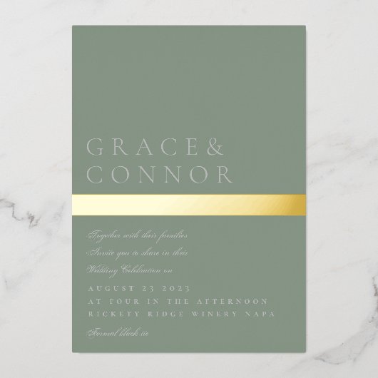 クラシックモダンサージグリーンストライプ金ゴールド結婚ズ 箔招待状 (正面)
