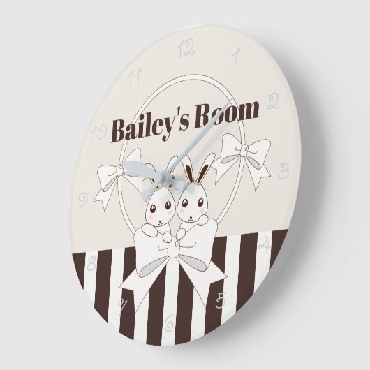 クラシックモダンストライプ可愛いツインバニーキッズ ラージ壁時計 (傾斜)