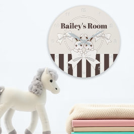 クラシックモダンストライプ可愛いツインバニーキッズ ラージ壁時計