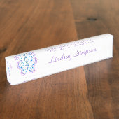 クラシックモダンブルーピンクパープルバタフライアート デスクネームプレート (側面)