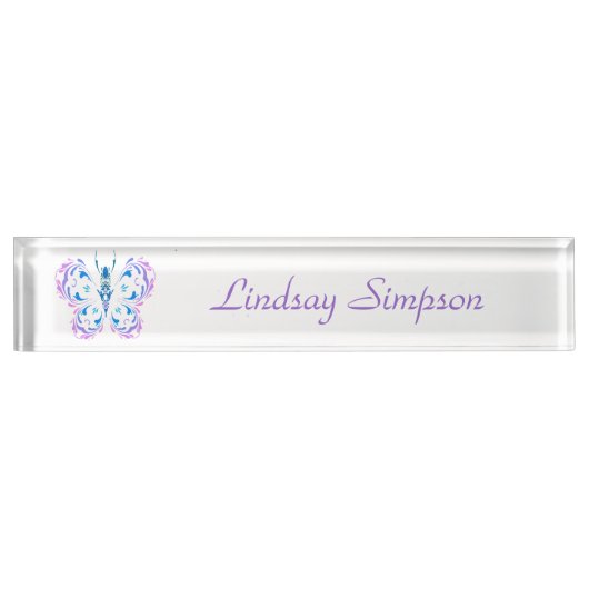 クラシックモダンブルーピンクパープルバタフライアート デスクネームプレート (正面)