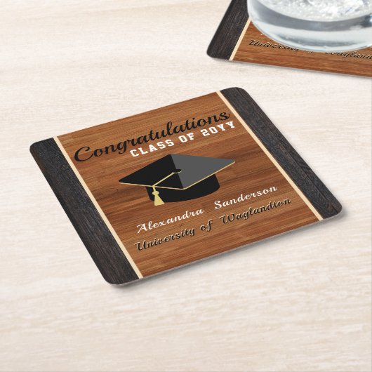 クラシックモダン茶の木目目盛りキャップ スクエアペーパーコースター (アングル)