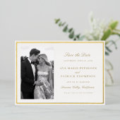 クラシックモダン金ゴールドブラシの結婚写真の救日付 箔招待状 (立ち正面)
