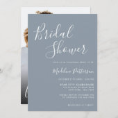 クラシックモダンDusty Blueとフォトブライダルシャワー 招待状 (正面/裏面)