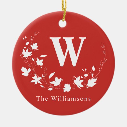 クラシックモノグラムとネームレッドフローラリースカスタム セラミックオーナメント (正面)