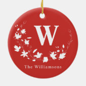 クラシックモノグラムとネームレッドフローラリースカスタム セラミックオーナメント (裏面)