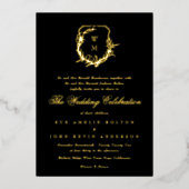 クラシックモノグラムの黒結婚金ゴールド稜 箔招待状 (正面)