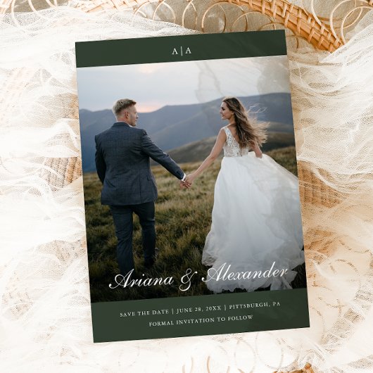 クラシックモノグラムエレガントスクリプ結婚ト2枚 セーブザデート