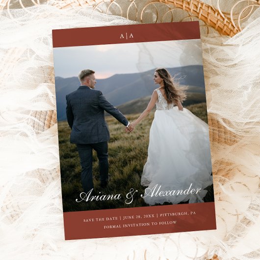 クラシックモノグラムエレガントスクリプ結婚ト2枚 セーブザデート