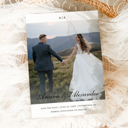 クラシックモノグラムエレガントスクリプ結婚ト2枚 セーブザデート