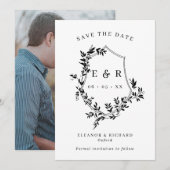 クラシックモノグラムクレストブラック&ホワイト結婚ズ セーブザデート (正面/裏面)