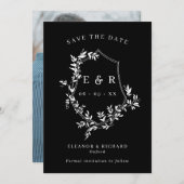 クラシックモノグラムクレストホワイトオンブラック結婚ズ セーブザデート (正面/裏面)