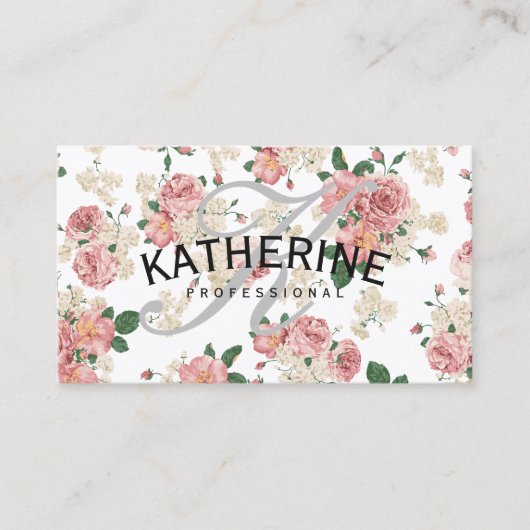 クラシックモノグラムグレーヴィンテージフローラルパターン 名刺 (正面)