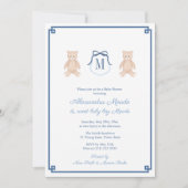 クラシックモノグラムテディベア男の赤ちゃんシャワー 招待状 (正面)